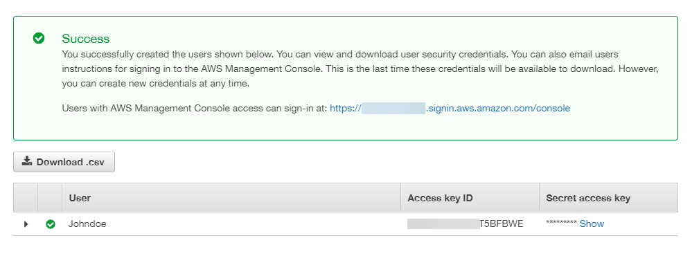 AWS AIM User Access Key