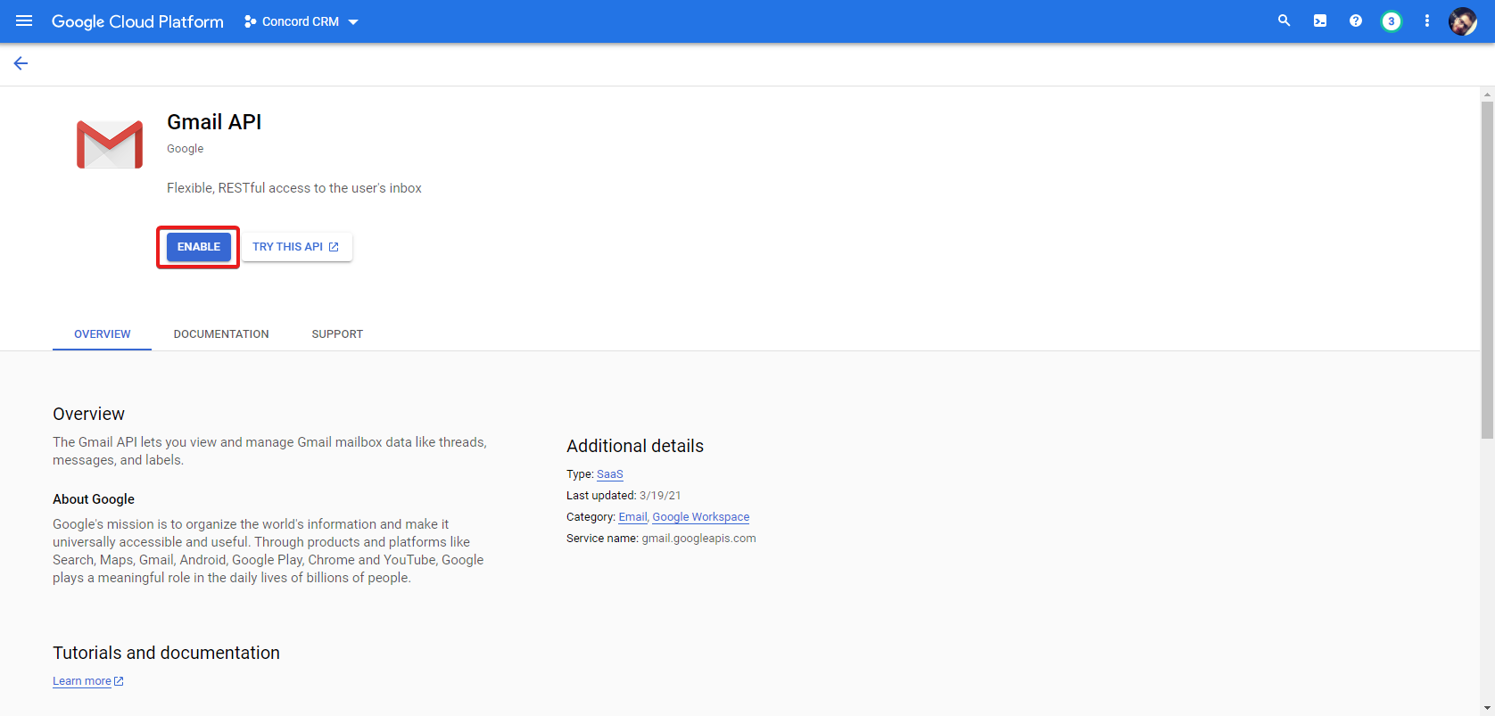 Google Console Enable Gmail API